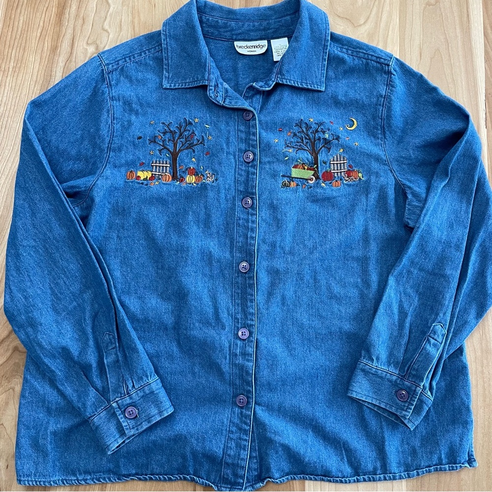 Breckenridge Woman Embroidered Autumn Fall Button Up Chambray Shirt Size 1X